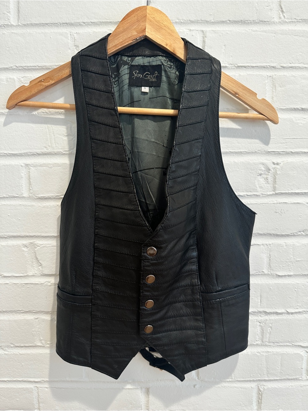 SKINGRAFT Leather Moto Vest Womens Small Black Tuxedo punk Goth Designer